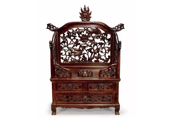 晚明 黄花梨木雕凤凰牡丹纹镜台