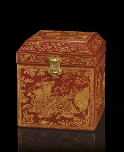 明永乐 戗金麒麟纹朱漆盝顶箱